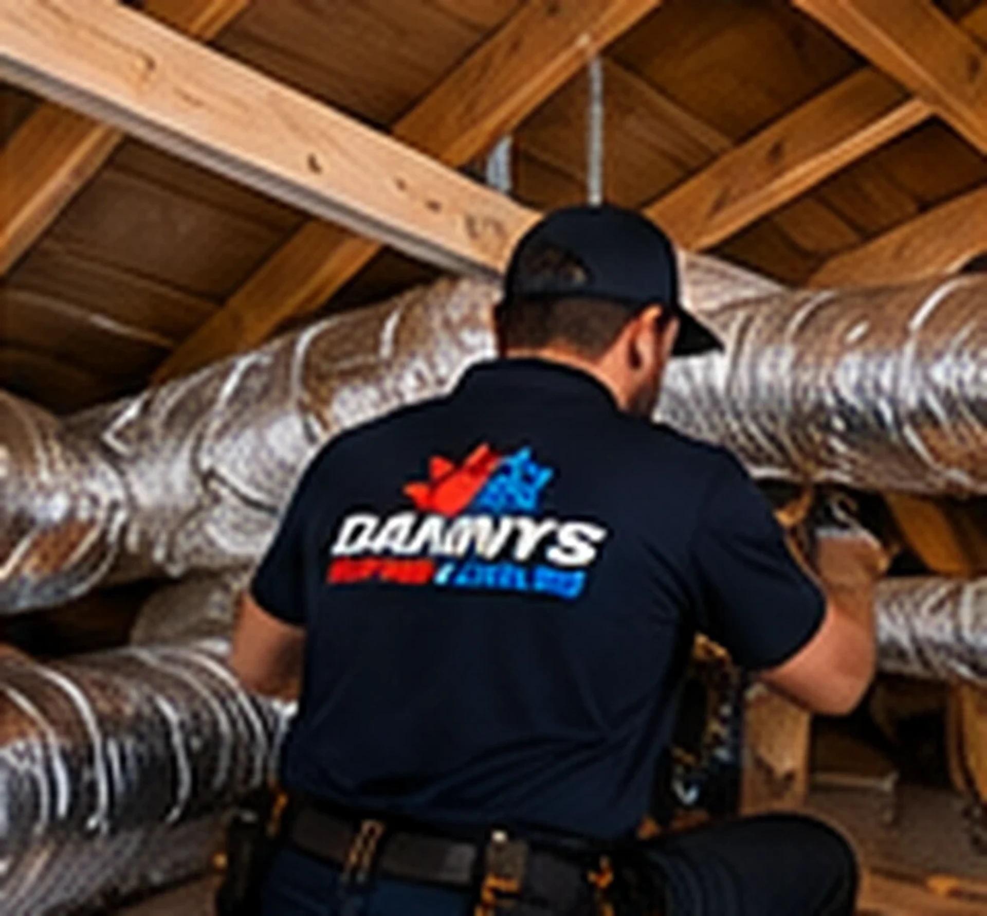 Dannys Heating and Cooling technician replacing ductwork in a roof space