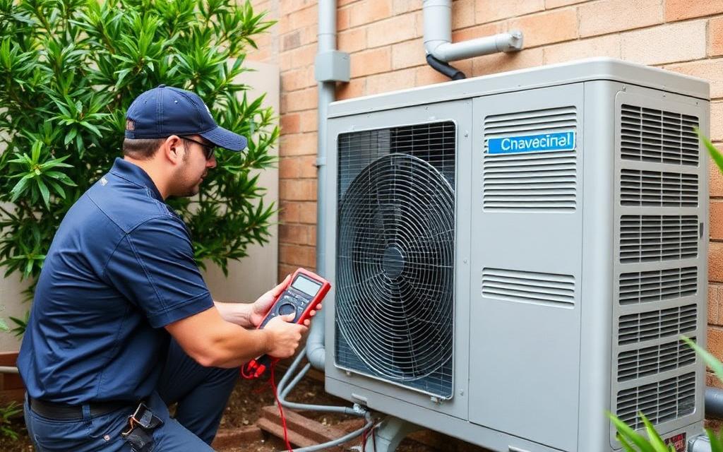 Technician repairing an outdoor split system condenser unit